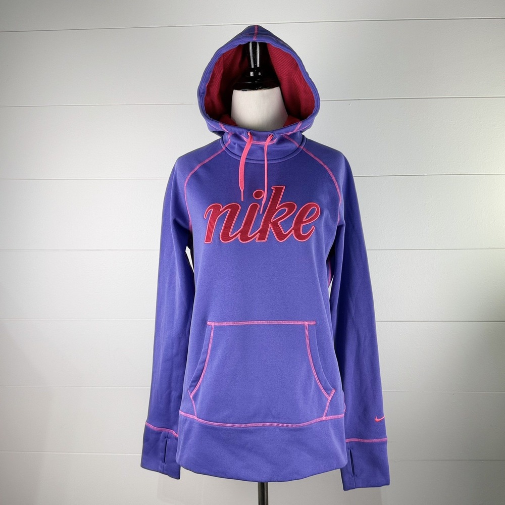 Nike Logo Hoodie Sweatshirt Long Sleeve Pullover Top Women M Purple Pink Fleece